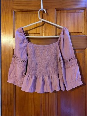 Lavender Smocked Off-Shoulder Peplum Blouse with Crochet Sleeves